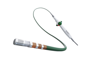 A close up photo of Abbott's TactiFlex ablation catheter. On a white background, there is a white handle with a long, black tube attached that runs across the middle of the image with and orange and silver end.