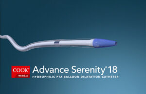 This Cook Medical product image shows the Advance Serenity 18 hydrophilic PTA balloon catheter.