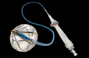 An image showing the Abbott Volt pulse field ablation (PFA) catheter's balloon-in-basket design and eight electrode splines.
