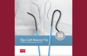 This is a Cook Medical marketing image of the Slip-Cath Beacon Tip hydrophilic selective catheter.